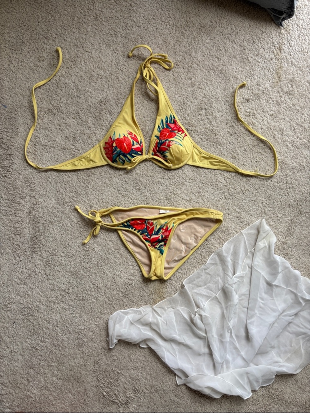 Loco Boutique butter Yellow Floral Triangle Bikini w/ white cover u - Women Swim